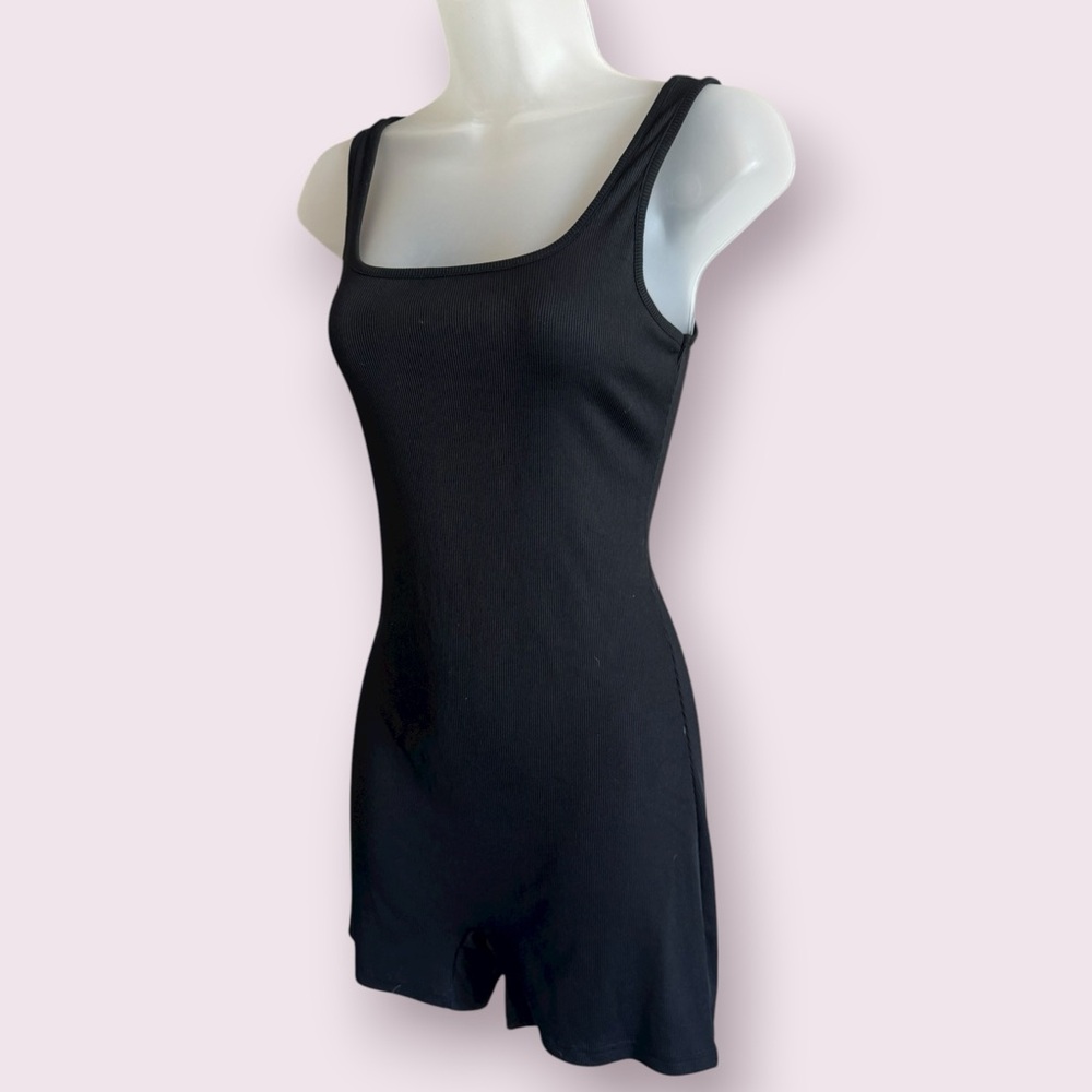 Black Ribbed Tank Romper Square Neck Stretch One Piece Size L - Picture 3 of 5